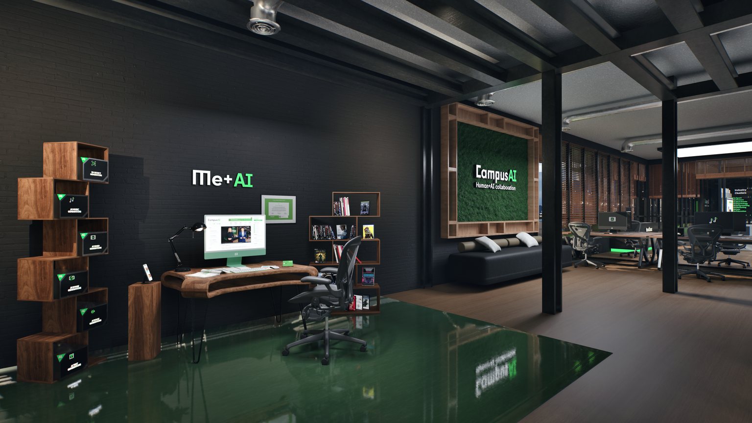 CampusAI virtual studio with the Me+AI sign on the wall