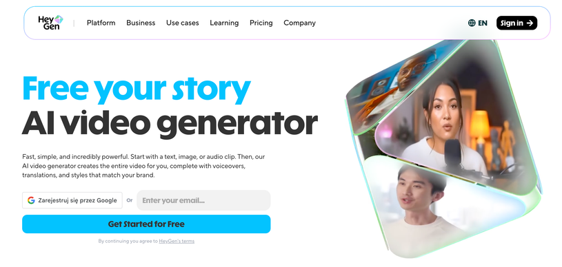HeyGen homepage with the Get Started for Free button