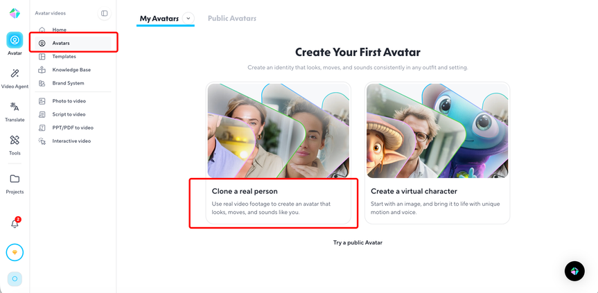 HeyGen Avatars page with the Clone a real person option highlighted