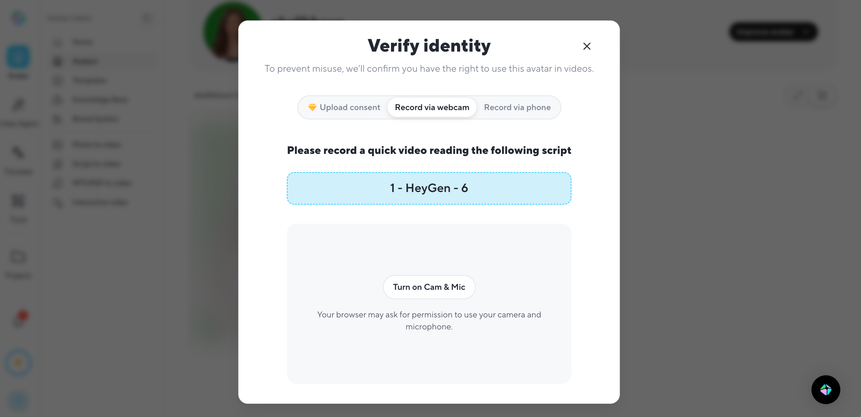 HeyGen Verify identity window with the consent script to read