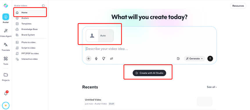 HeyGen home page with the avatar picker and the Create with AI Studio button highlighted