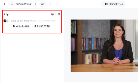HeyGen video editor with the Script panel, Upload audio and Script Writer buttons