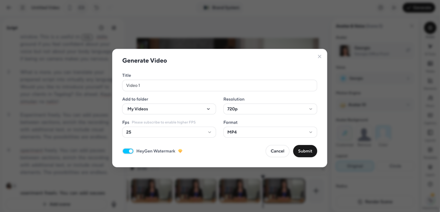 HeyGen Generate Video window with 720p resolution and the watermark toggle on