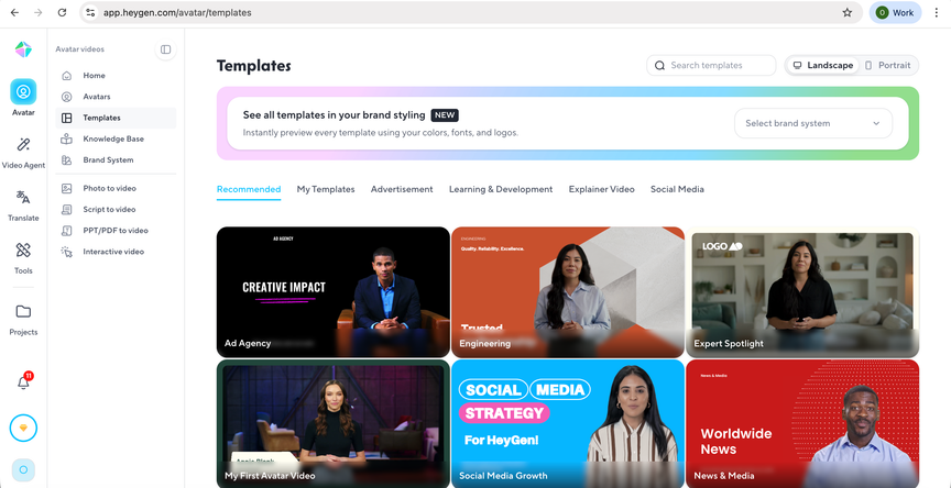 HeyGen Templates section with ready-made video templates