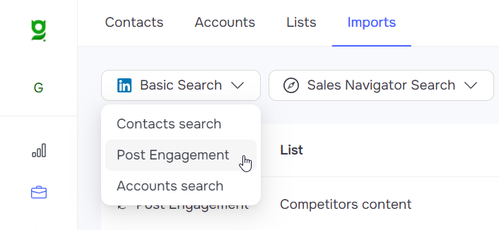 Grinfi CRM Imports menu showing the Post Engagement option