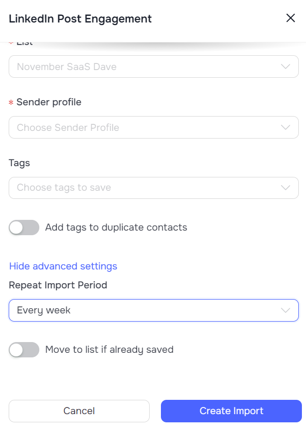 Repeat Import Period toggle inside the Show advanced settings panel